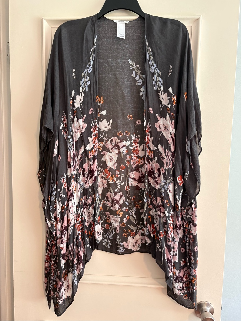 Maurices Women's Floral Open-Front Kimono Cardigan - Charcoal with Pink Floral